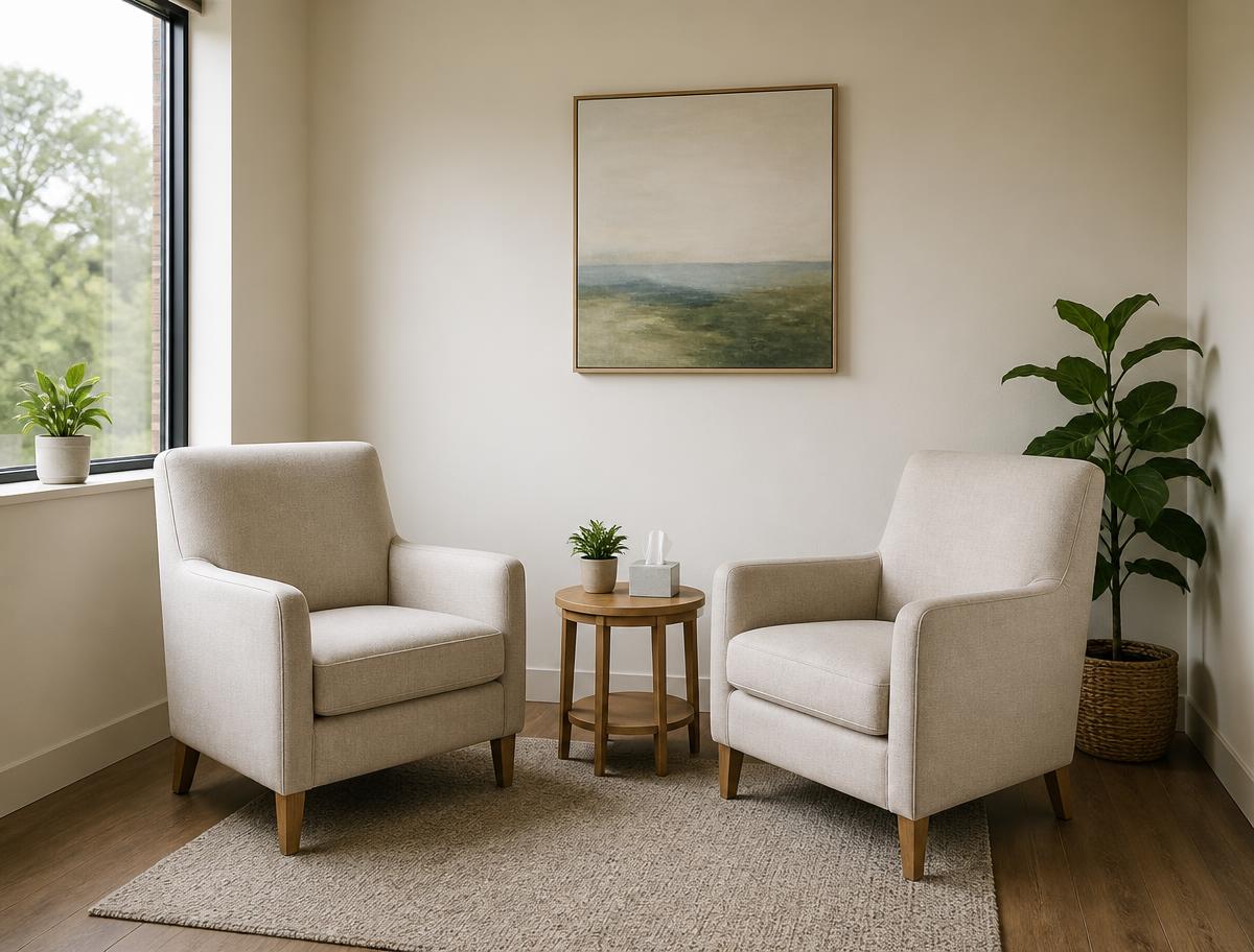Rustige spreekkamer met twee stoelen bij het raam